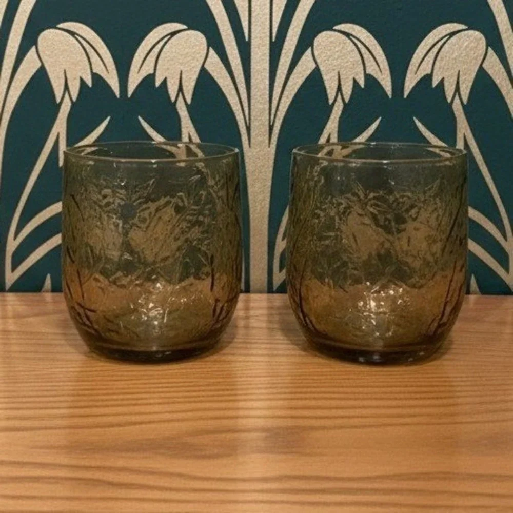 Anchor Hocking‎ Sherwood Spicy Brown Lowball Glasses, Set of 2, Vtg Leaf Design
